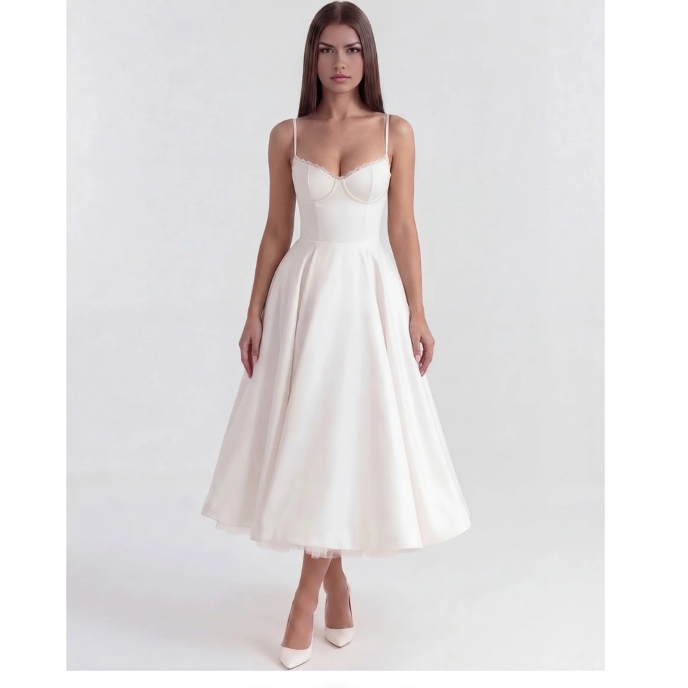 Almond Muse Ivory Satin Corset Midi Dress Sweetheart Lace Trim Pockets NWT Small